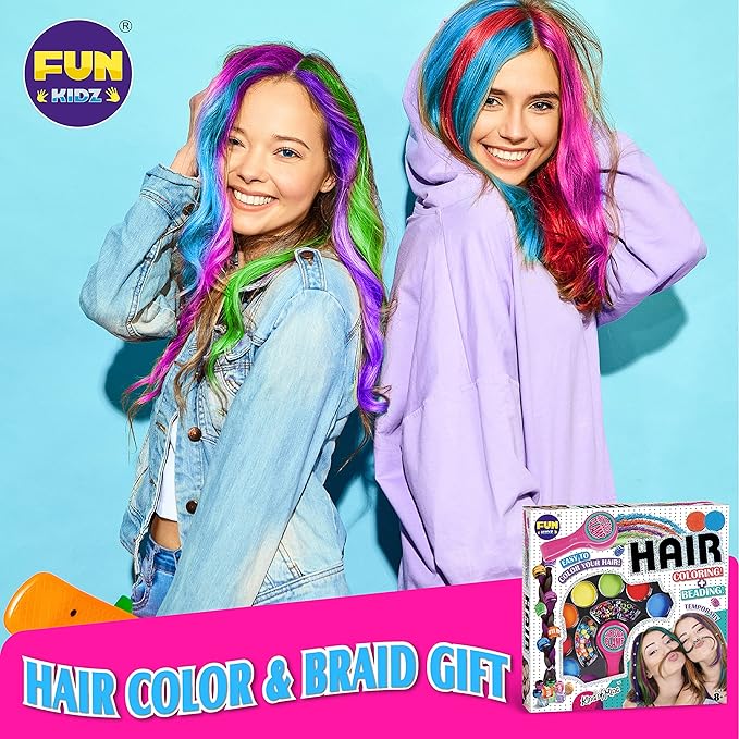 Hair Braiding Kit for Girls 8-12, FunKidz Handheld Hair Temporary Coloring Clamp with Hair Chalk for Kids Washable Hair Makeup Kit