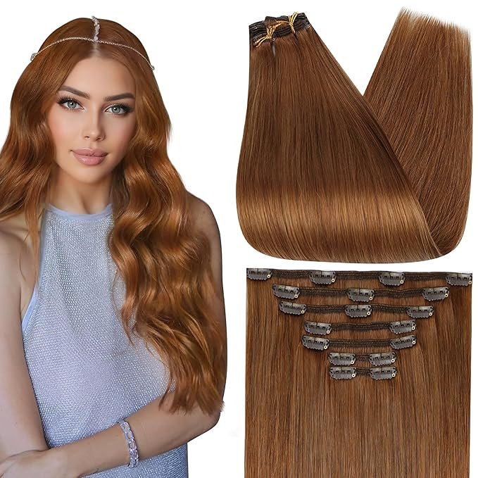 Full Shine Auburn Clip in Hair Extensions 14 Inch Auburn Human Hair Clip in Extensions for Short Thin Hair for Regrowth 7 Pcs 120 G