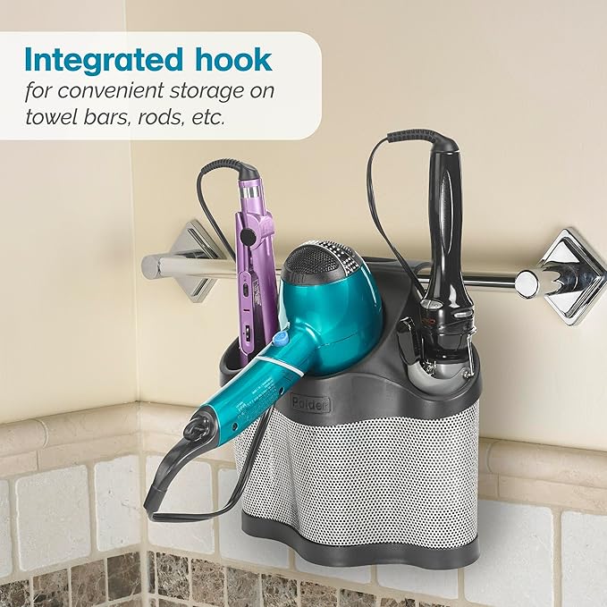 Polder Style Station, Organization for Styling Tools: Hair Dryers,Curling Irons, Straighteners, Brushes, Hang Over Towel Rack, Store Undersink or in Drawer, Black and Silver