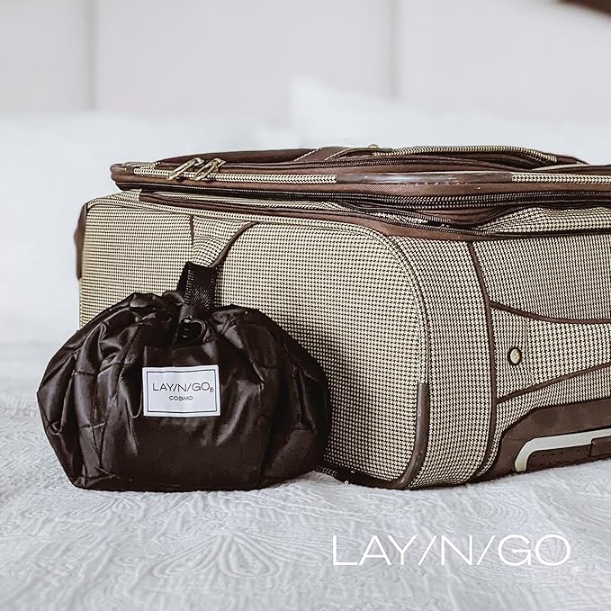 Lay-n-Go Cosmo Layflat Drawstring Cosmetic & Makeup Bag Organizer - Portable Drawstring Bag w/Zipper Pocket, Makeup Loops & More - Durable, Machine Washable Toiletry Bag for Travel (22", Blue Paisley)