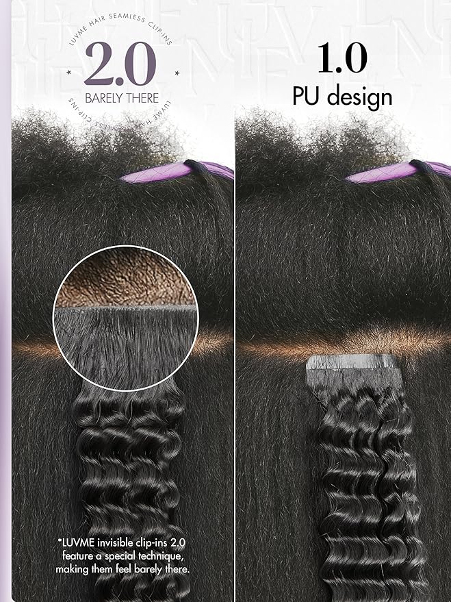 LUVME Invisible Clip ins Hair Extensions Deep Kinky Curly Real Human Hair Remy Hair Clip ins for Women, Natural Human Hair 14 inch 2 Pack 220g 12Pcs, Natural Black