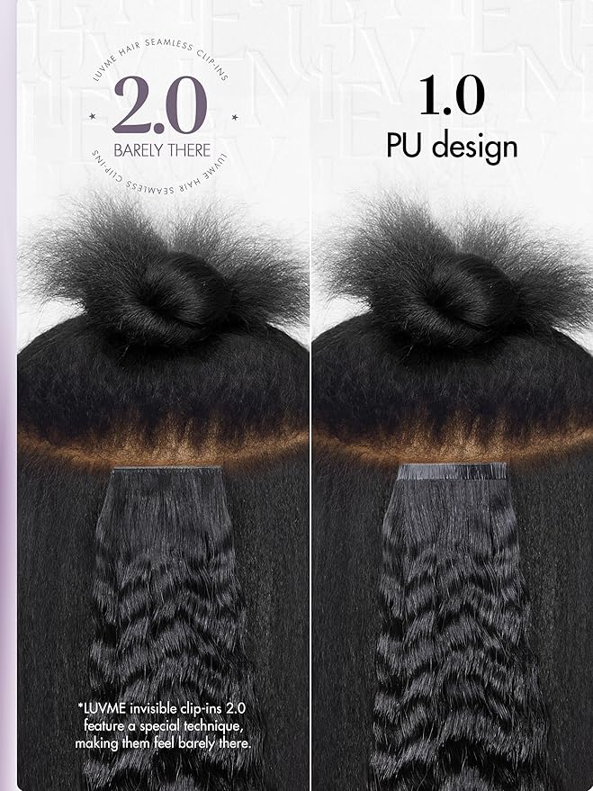 LUVME Invisible Clip in Hair Extensions, Kinky Straight Real Human Hair Remy Hair Clip ins for Women, Natural Human Hair, 24 inch 110g 7Pcs, Natural Black