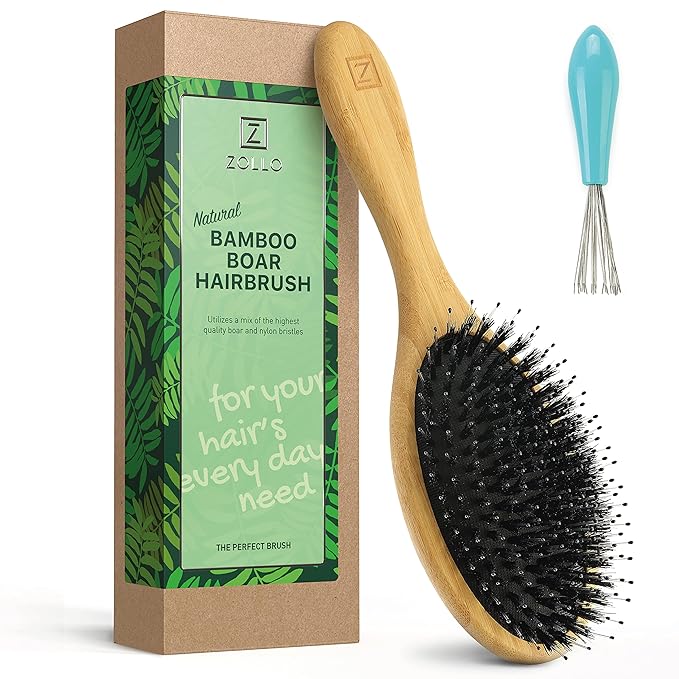 Natural Boar Bristle Hair Brush for Women, Men, Kids; Dry and Wet Detangling Hair Brush Gently Enhances Shine, Smooths Frizz and Prevents Breakage in Fine and Straight, Thick and Curly Hair (oval)