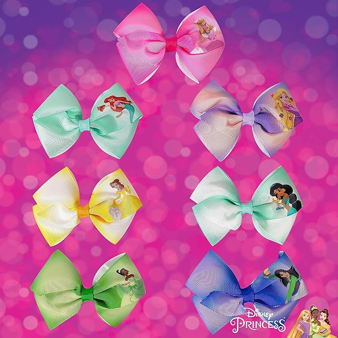 Disney Princess - Girls Hair Accessories Gift Set - Kids Hair Bows - 7 Pcs 4 Inch Bundle - Different Princess on Each Clip - Alligator Clip Ages 3+