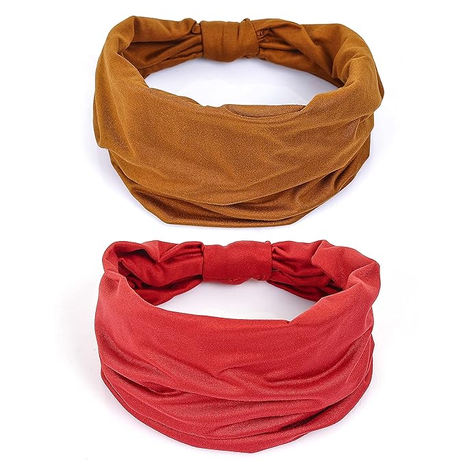 GiLi 2 Pack Wide Headbands for Women Boho African Knotted Non Slip Fashion Hair Bands Yoga Running Sports Workout Gym Head Wraps Elastic Soft Cotton Cloth Turbans Bandana for Girls (Brown,Red)