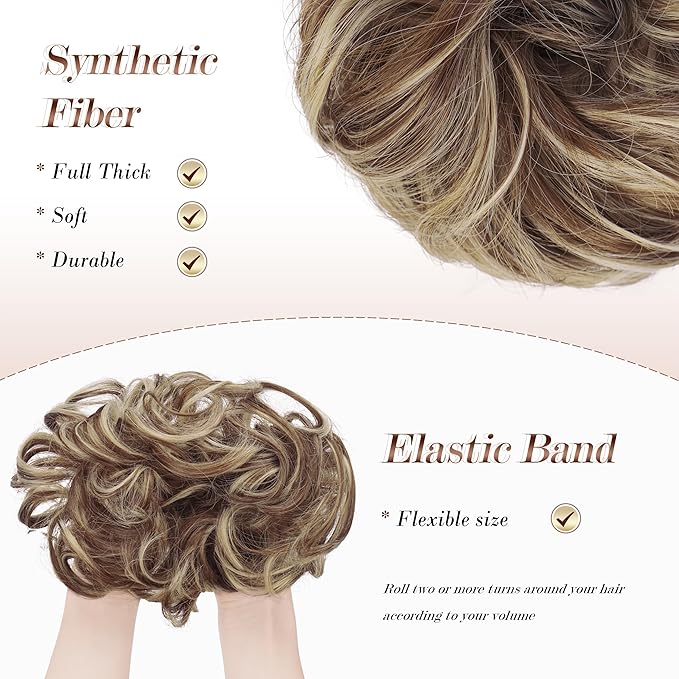 FESHFEN Messy Bun Hair Piece - Large Elastic Wavy Curly Hair Bun Scrunchies Ponytail Extensions Synthetic Chignon Hairpieces for Women, Copper Brown & Beige Blonde 1.94oz
