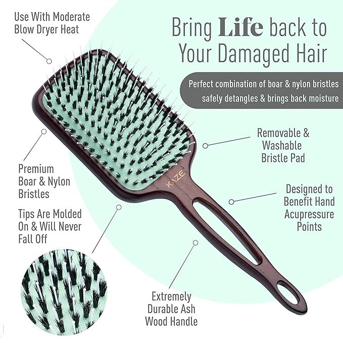 Eco-Friendly Boar Bristle Paddle Hair Brush for Women by MINT | Anti-Breakage Detangling Brush Great for Color-Treated Hair, Extensions and All Hair Types | Hand-Crafted Wooden Handle