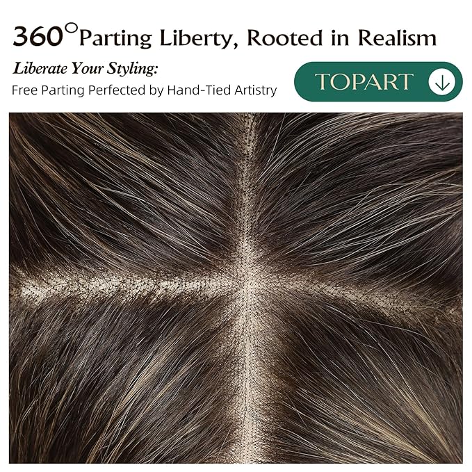 Full Hand Tied Hair Toppers for Women Remy Human Hair Lace Front Topper 14 Inch 6"×6" Partial wig Cover Thinning Hair or Loss No Bangs Top Hair Pieces (Dark Brown Highlights)