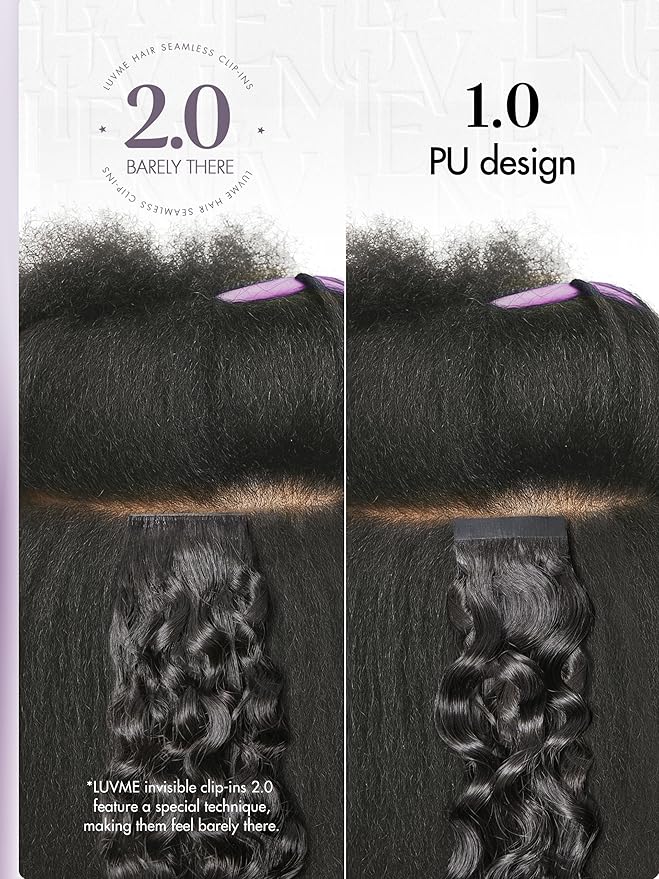 LUVME Invisible Clip in Hair Extensions 2 Pack Messy Curly Real Human Hair, Remy Hair Clip ins for Women, Natural Human Hair, 14 inch 220g 12Pcs, Natural Black