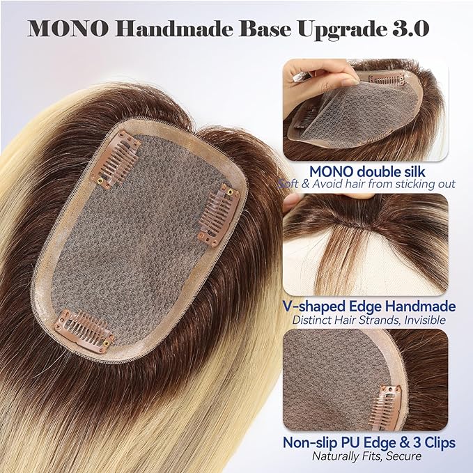HAIRCUBE Hair Toppers 100% Real Human Hair,Ombre Blonde with Brown Highlight, 5.5"*4" MONO Large Base, 46g Hand-moven Real Human HairToppers for Women with ThinningHair