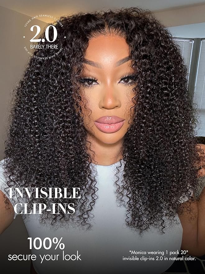 LUVME Invisible Clip ins Hair Extensions Deep Kinky Curly Real Human Hair Remy Hair Clip ins for Women, Natural Human Hair 14 inch 2 Pack 220g 12Pcs, Natural Black