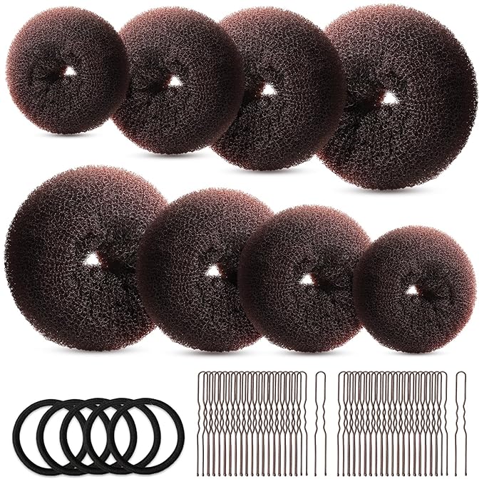 FANDAMEI Hair Bun Maker Set- 8 PCS Hair Donuts for Buns (2 Extra-large,2 Large,2 Medium and 2 Small), 40 PCS Bobby Pins, 5 PCS Hair Elastic Ties Black,Bun Maker - Brown