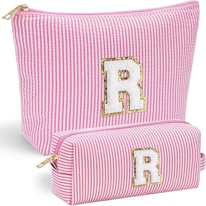 YOOLIFE Initial Makeup Bag for Girls, Travel Cosmetic Bag with Small Makeup Brush Bag Cute Makeup Bag Toiletry Travel Bag Personalized Wife Friend Gifts Makeup Birthday Gifts for Women Her Pink R