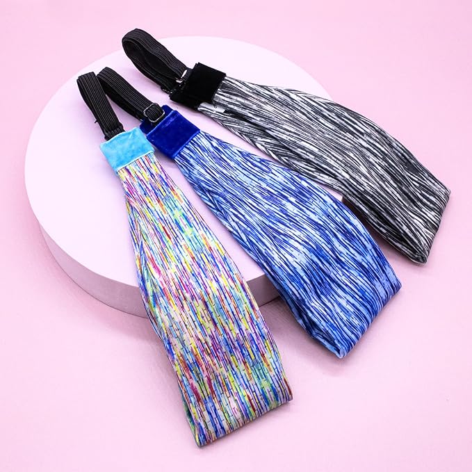 FROG SAC Sport Headbands for Girls, Adjustable Non Slip Athletic Sports Hair Bands for Women, Stretch Elastic Workout Mesh Headband for Yoga Running Exercise Soccer (Rainbow/Black/Blue Tie Dye)