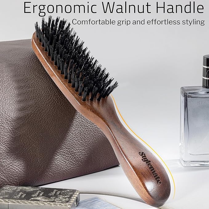 Nylon Hair Brush for Men, Mens Slick Back Hair Brush with Stiff Bristles & Wooden Walnut Handle for Thick & Fine Hair Smoothing, Detangling, Styling, Beard Straightens