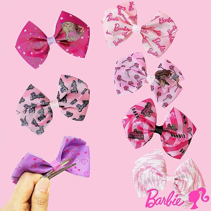 Luv Her Barbie Kids Bows - Hair Accessories Gift Set - Princess Hair Bows - 7 Pcs 4 Inch Bundle - Hair Bows for Girls - Barbie Hair clip - Alligator Clip - Ages 3 +