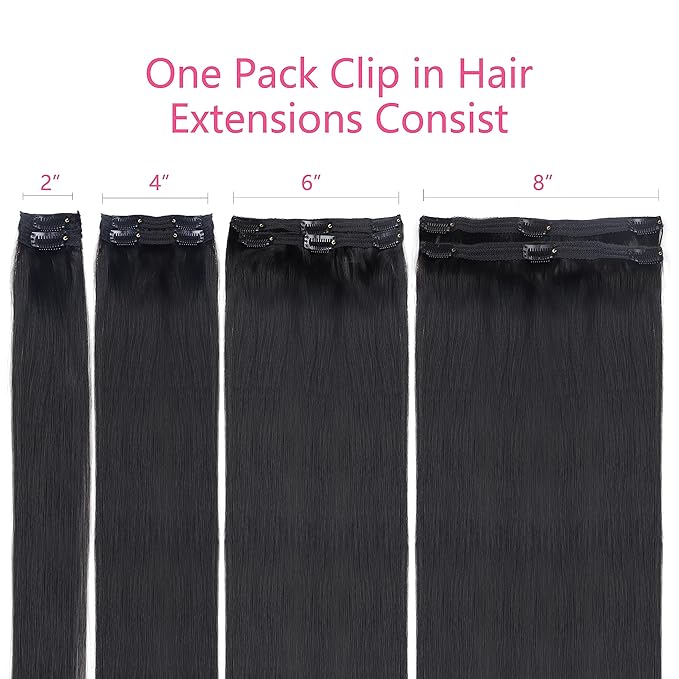 Straight Clip in Hair Extensions Real Human Hair For Women EasiContour Brazilian Virgin Hair Straight Clip ins 8pcs With 18 Clips 120g(26inch,#1B)