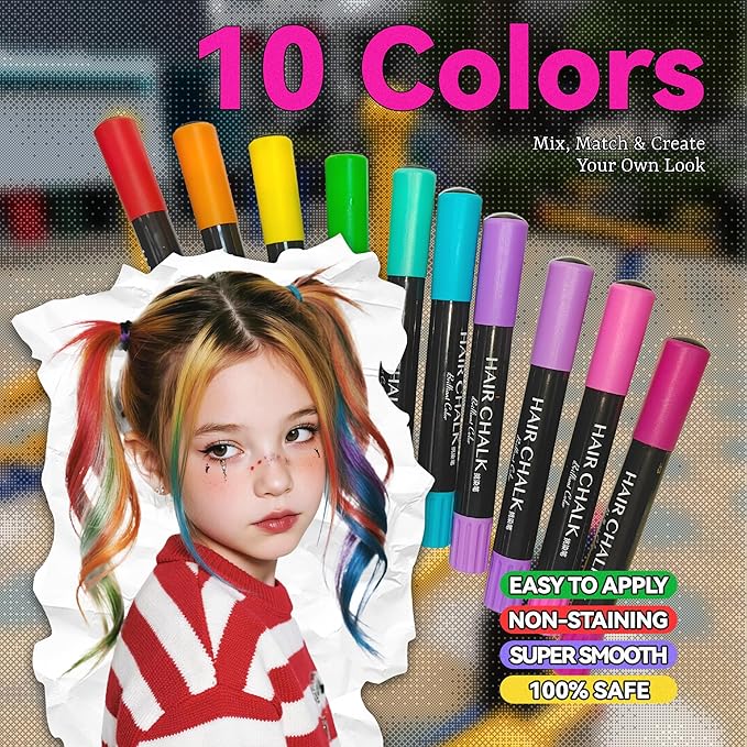 Temporary Hair Chalk for Girls & Boys, Washable Hair Crayon for Parties, Cosplay, Festivals & Daily Fun, Great Gifts for Teenage, 10 Colors