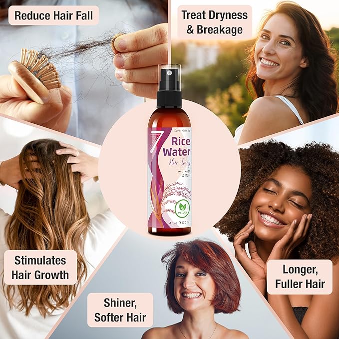 Seven Minerals Rice Water Spray for Hair Growth - Fermented with Rose Water Aloe Vera & MSM - Vegan, Non-Greasy, Light, 4 fl oz