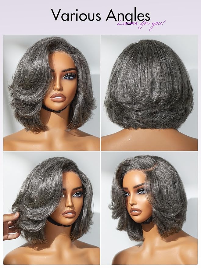 LUVME HAIR Salt & Pepper Layered Bob Glueless Pre-Cut Lace Wig Gray Wigs For Women Short Grey Hair Glueless Bob Wigs Pre Plucked Pre Cut Pixie Cut