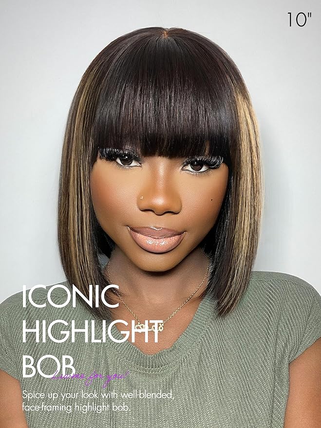 LUVME HAIR 14 Inch Blonde Highlight Bob Human Hair Wig with Bangs Glueless HD Lace Bang Wig True Scalp Ready to Go Silky Straight Highlight Human Hair Short Wig with Bangs (Breathable Cap)