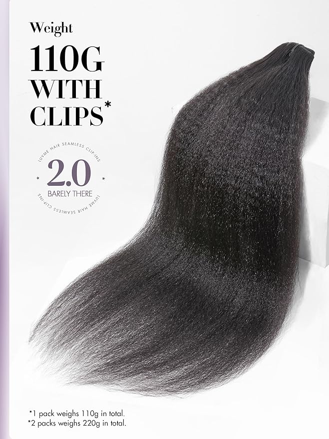LUVME Invisible Clip in Hair Extensions, Kinky Straight Real Human Hair Remy Hair Clip ins for Women, Natural Human Hair, 24 inch 110g 7Pcs, Natural Black