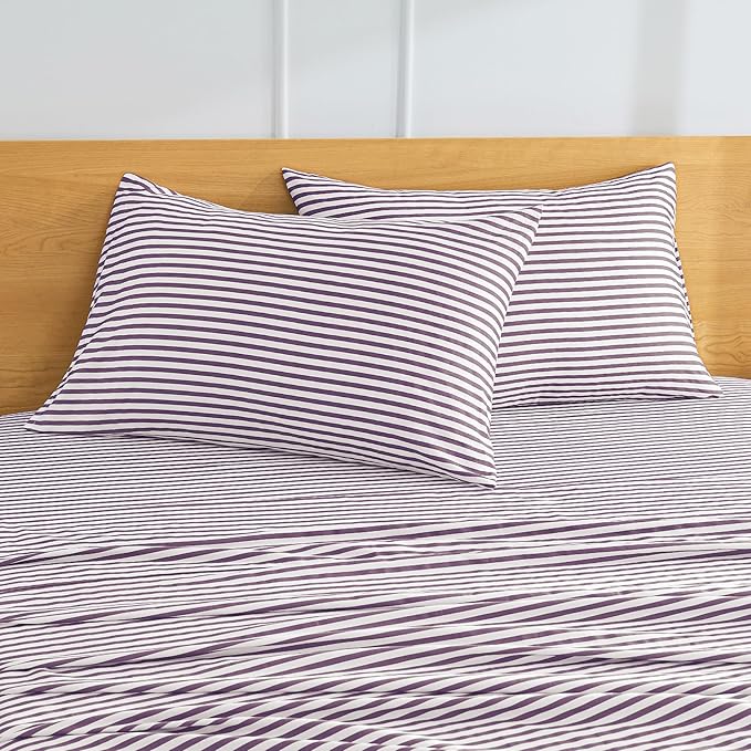 JELLYMONI 100% Natural Cotton Striped King Pillowcases Set, 2 Pack White and Purple Stripes Pattern Printed Pillow Covers with Envelope Closure(Pillows are not Included)