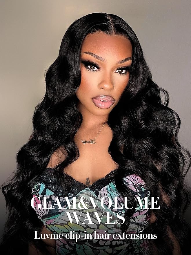 LUVME Clip in Hair Extensions Real Human Hair, Natural Black 135g 9pcs 18 Inch, Human Hair Clip ins Extensions for Women on Thick Body Wavy Extensions
