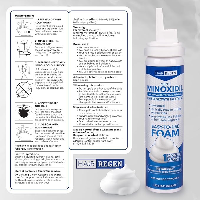 Minoxidil Foam for Men 5% Percent - Men's Hair Growth Treatment for Him- Topical Foaming Minoxidil for Men- Great for Hair Regrowth and Reduce Hair Loss - 1 Pack as 1 Month Supply