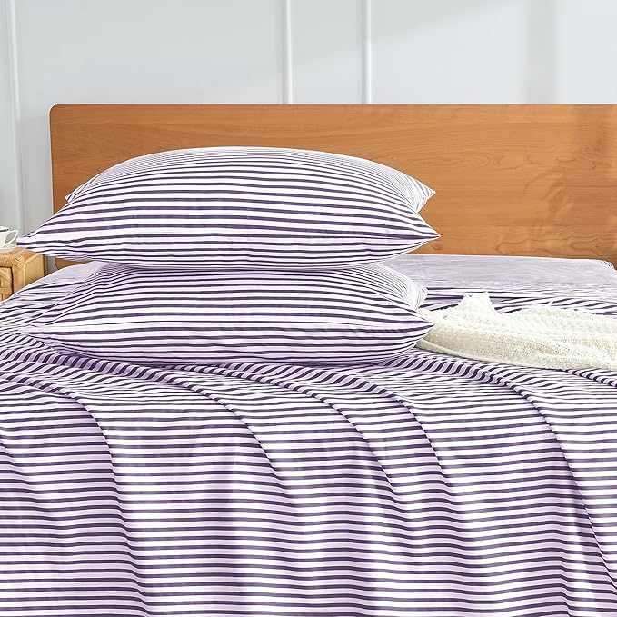 JELLYMONI 100% Natural Cotton Striped King Pillowcases Set, 2 Pack White and Purple Stripes Pattern Printed Pillow Covers with Envelope Closure(Pillows are not Included)