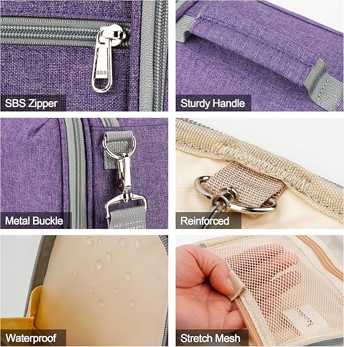 Hanging Travel Toiletry Bag for Women and Men, 6 Organizer Compartments, Extra Large Toiletries Bag, Bathroom Cosmetic Bag, Water-resistant Makeup Bag, Holds Full-Size Shampoo, Purple