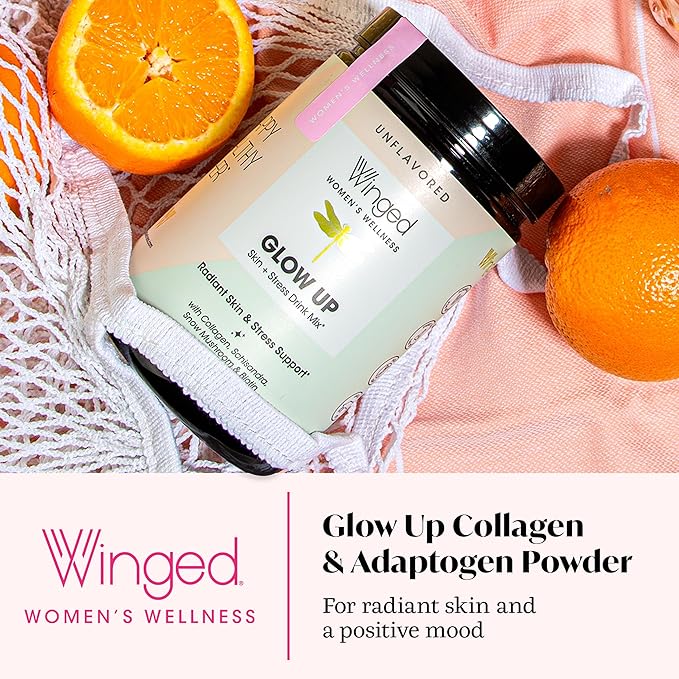 Winged Wellness Glow Up, Collagen Powder for Women - Hair, Skin & Nails Beauty Supplement with Grass-Fed Hydrolyzed Collagen Peptides Adaptogens, Vitamin C & Biotin - 25 Servings, Unflavored