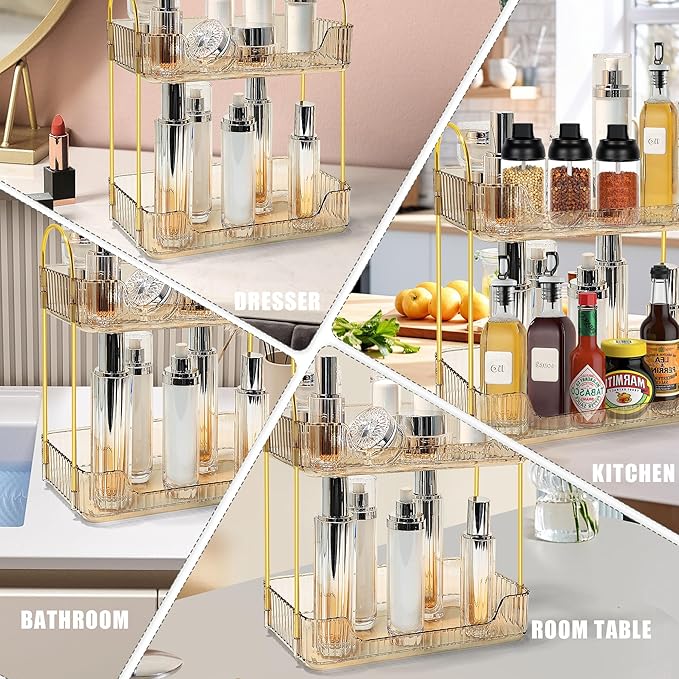 Bathroom Counter Organizer Countertop Storage Skincare Countertop Makeup Organizer Cosmetics Skincare Organizers Holder for Perfume-Amber-golden pole