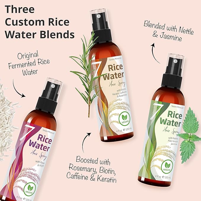 Seven Minerals Rice Water Spray for Hair Growth - Fermented with Rose Water Aloe Vera & MSM - Vegan, Non-Greasy, Light, 4 fl oz