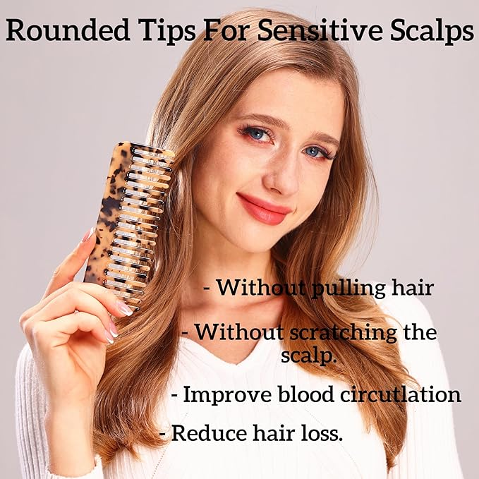 Fsmiling Wide Tooth Comb Large Detangling Comb Cellulose Detangler Comb for Women Thick Curly Wavy Wet Dry Hair 2 Pack,Tortoise shell