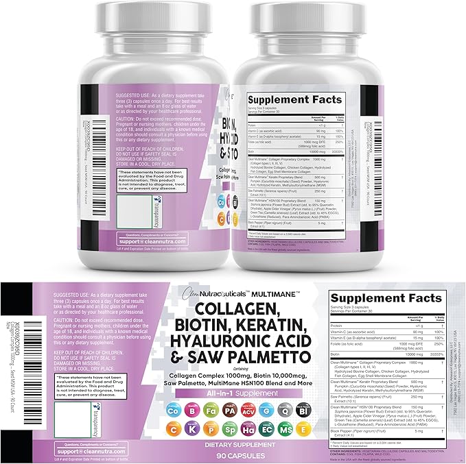 Clean Nutraceuticals Collagen Pills 1000mg Biotin 10000mcg Keratin Saw Palmetto Hyaluronic Acid - Hair Skin & Nails Vitamins & DHT Blocker with Vitamin E Folic Acid Pumpkin Seed MSM - 90 Count