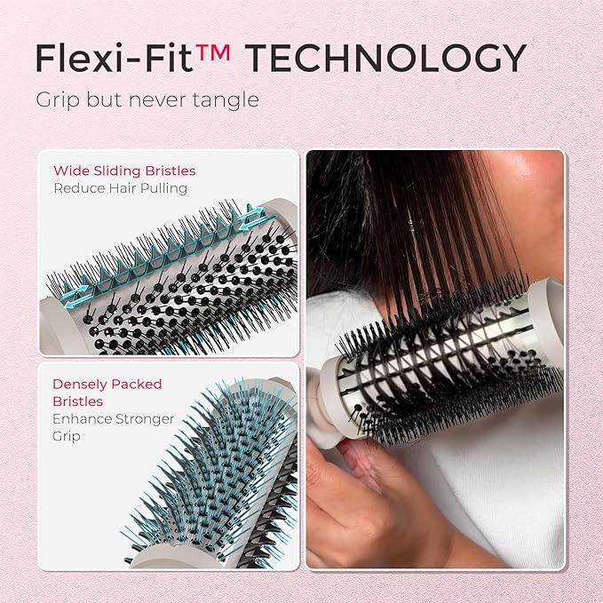 TYMO Thermal Brush Curling Brush - STYLUX 1.5 Inch Blowout Volumizer with Flexi-Fit for Hair Straightening, Heated Round Styler Tool, Hair Straightener and Curler 2 in 1, Dual Voltage, Gold