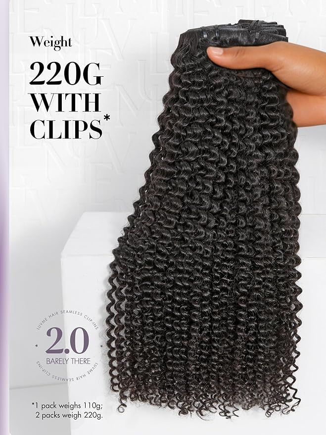 LUVME Invisible Clip ins Hair Extensions Deep Kinky Curly Real Human Hair Remy Hair Clip ins for Women, Natural Human Hair 14 inch 2 Pack 220g 12Pcs, Natural Black
