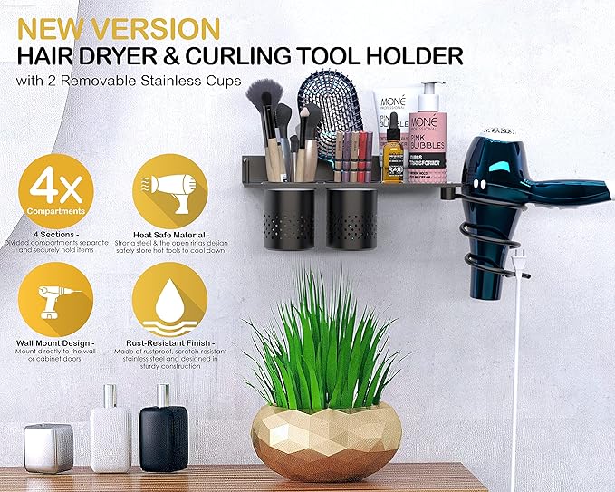 MyLifeUNIT Hair Dryer Holder, Wall Mounted Blow Dryer Organizer with 2 Cups, Bathroom Hair Styling Tools Shelf