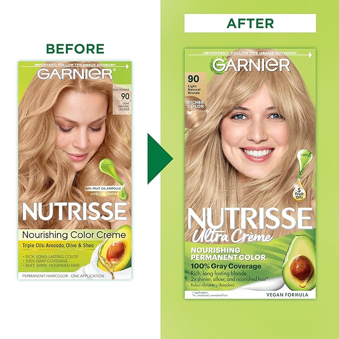 Garnier Hair Color Nutrisse Nourishing Creme, 90 Light Natural Blonde (Macadamia) Permanent Hair Dye, 2 Count (Packaging May Vary)