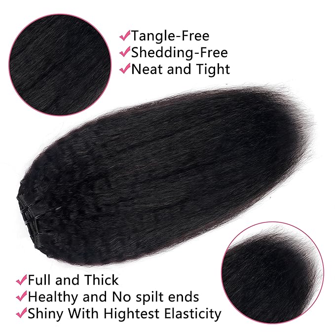 Kinky Straight Clip in Hair Extensions Real Human Hair Natural Black Double Weft Clip ins for Women 16 Inch 120g 8pcs Seamless Kinky Straight Clip on Extensions Human Hair