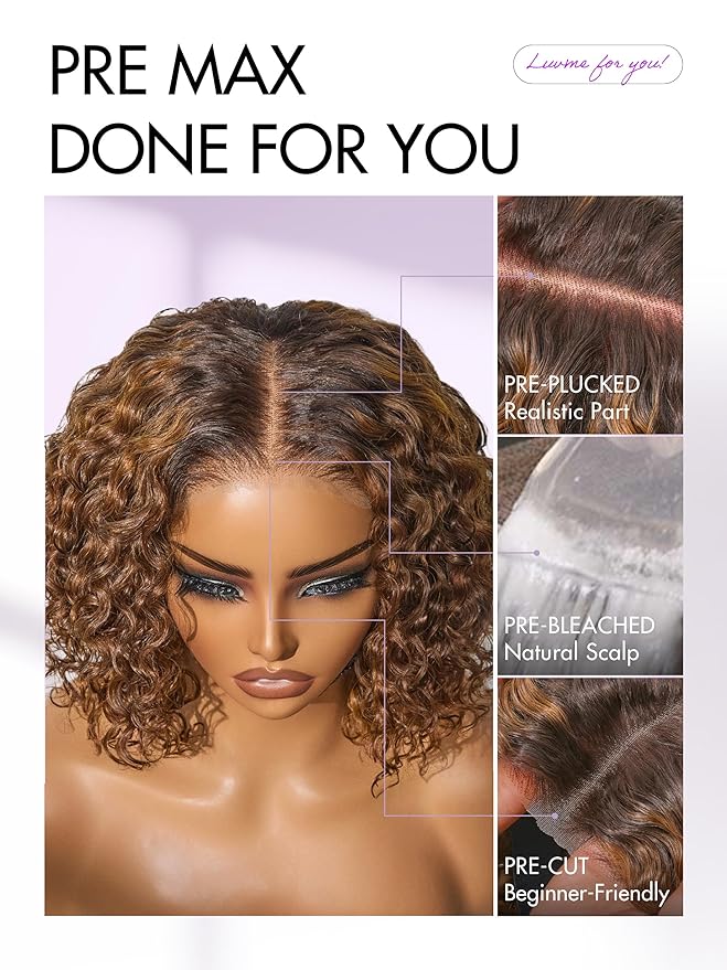 LUVME HAIR 5X5 Deep Curly 10 Inch 100% Human Hair Wigs Curly Deep Wave Glueless Lace Front 10 Inches, Pre Cut Plucked Hd Lace Short Wig Ready To Go Mix Brown Color Straight Bleached Knots Black Wigs