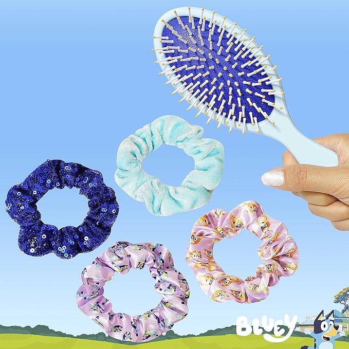 Bluey Hair Accessory 5 Pcs Set - 1 Regular 9 inch Bluey HairBrush For Girls + 4 Bluey Scrunchies For Kids - Accessories For Girls - Detangling Brush - Elastic Hair Ties Ropes Scrunchies Ages 3+