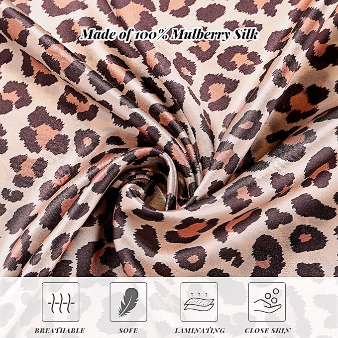 2 Pack Satin Pillowcase with Latent Zipper, Adjustable Satin Eye Mask for Sleeping and Satin Volume Scrunchie for Hair and Skin, Standard Size (Brown,Leopard Style)