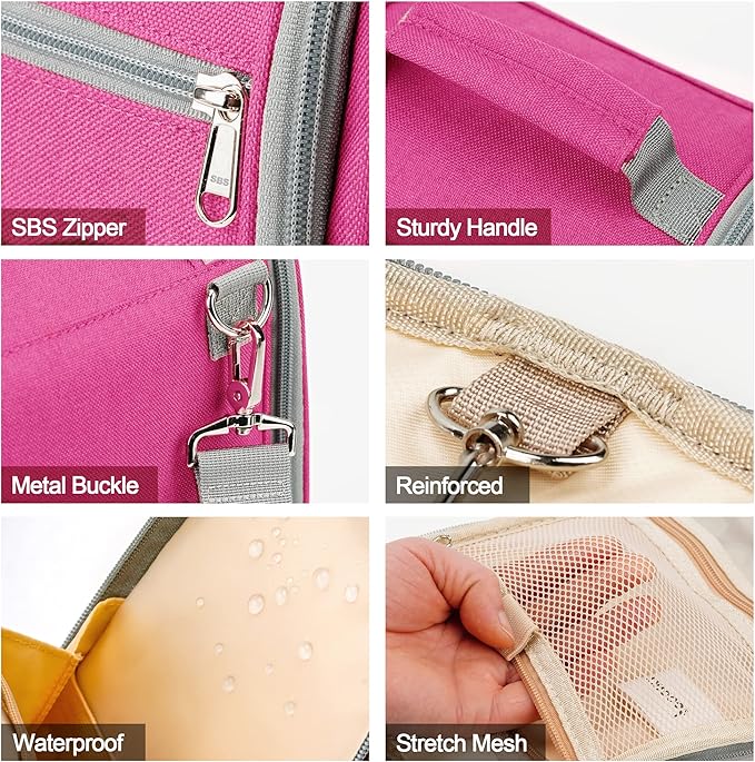 Hanging Travel Toiletry Bag for Women and Men, 6 Organizer Compartments, Extra Large Toiletries Bag, Bathroom Cosmetic Bag, Water-resistant Makeup Bag, Holds Full-Size Shampoo, Rose Red