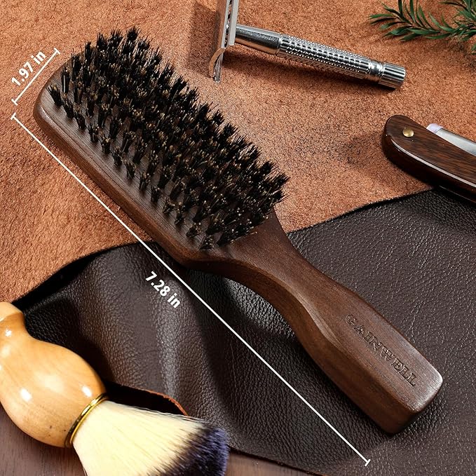 Wild Boar Bristle Hair Brush for Men - Slick Back Hair Brush - Stiff Boar Bristles for Thick Hair, Natural Black Walnut Wooden Handle Hairbrush, Beard Mustache Brush by GAINWELL