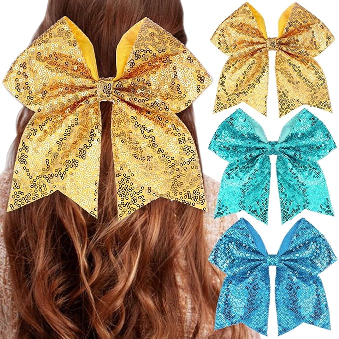 Large Big 7 Inch Glitter Bow Clip Sequin Bling Party Hair Accessories for Women Teens Girls Kids 3 Pcs (Yellow,Green,Blue)