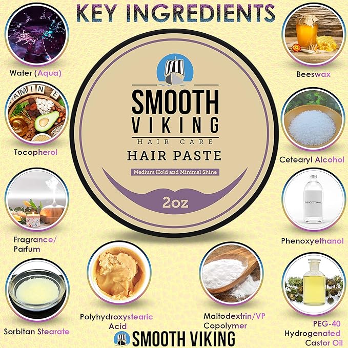 Smooth Viking Hair Paste for Men - Hair Styling Cream with Minimal Shine & Medium Hold Hair Products for Men, Hair Cream for Men, Styling Paste for Textured Messy Hairstyle - Made in USA, 2oz