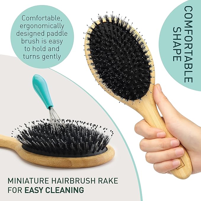 Natural Boar Bristle Hair Brush & Mini Hair Brush Set for Women, Men, Kids; Dry and Wet Detangling Hair Brush Gently Enhances Shine, Great for travel or to keep in your bag