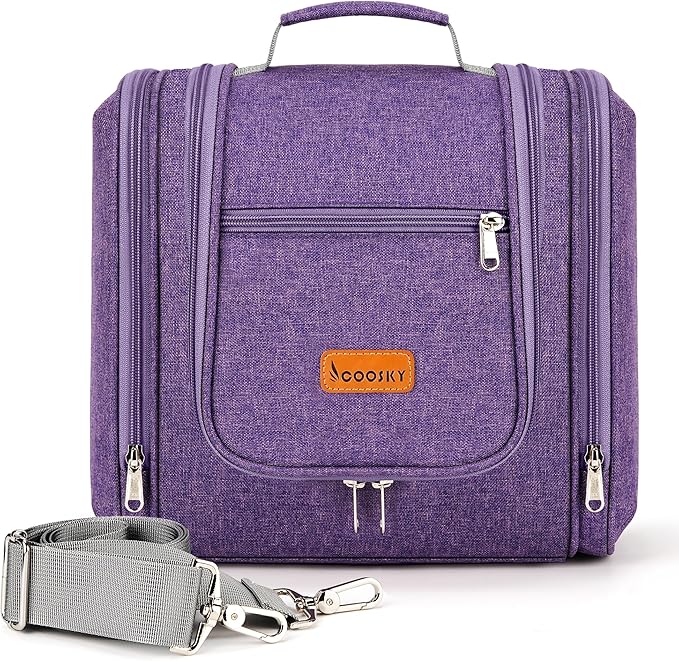 Hanging Travel Toiletry Bag for Women and Men, 6 Organizer Compartments, Large Toiletries essentials, Bathroom Cosmetic Accessories, Water-resistant Makeup Bag, Holds Full-Size Shampoo, Purple